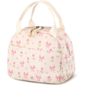 Dansydaisy Pink Flower and Bow Lunch Bag Cute Corduroy Insulated Lunch Box for Women Coquette Tote Bag Reusable Large Capacity Cooler Containers Preppy Stuff Gifts for Picnics Travel Outdoor