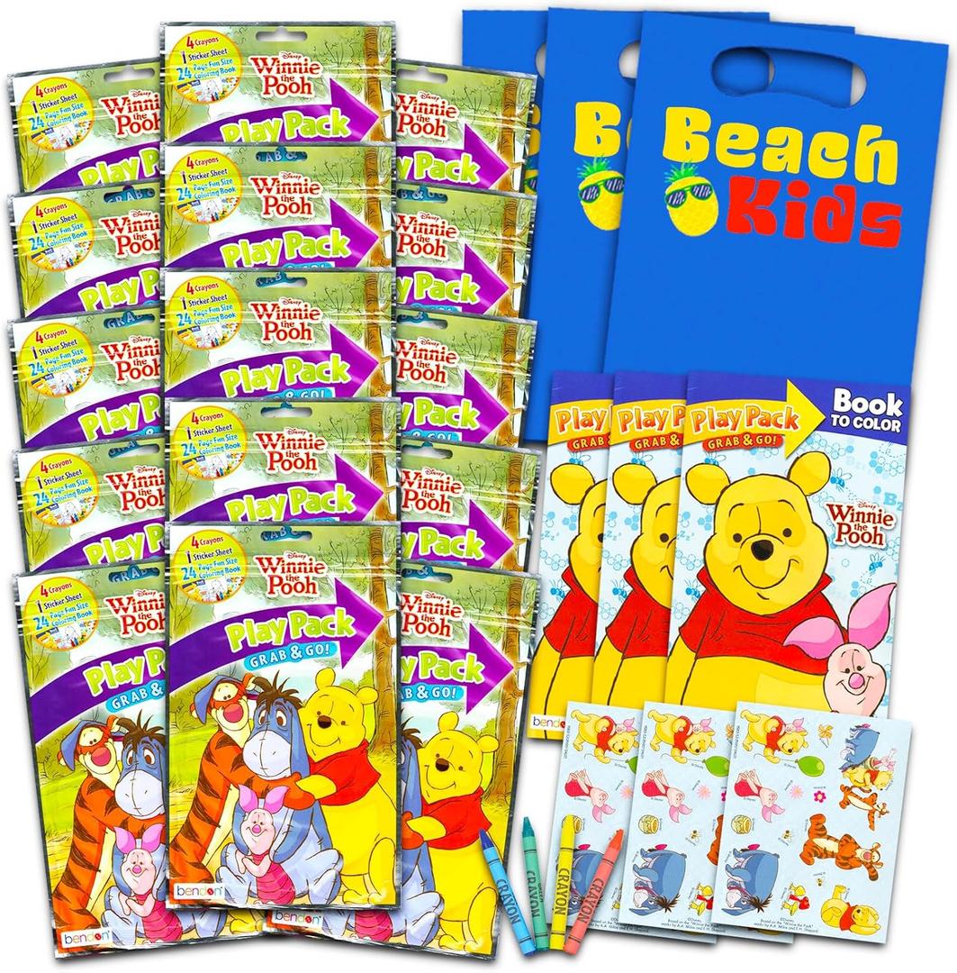 Bendon Publishing Winnie the Pooh Kids Play Packs Bundle - Fun Party Favors with Coloring Book, Crayons, Stickers, Door Hanger and Stamper