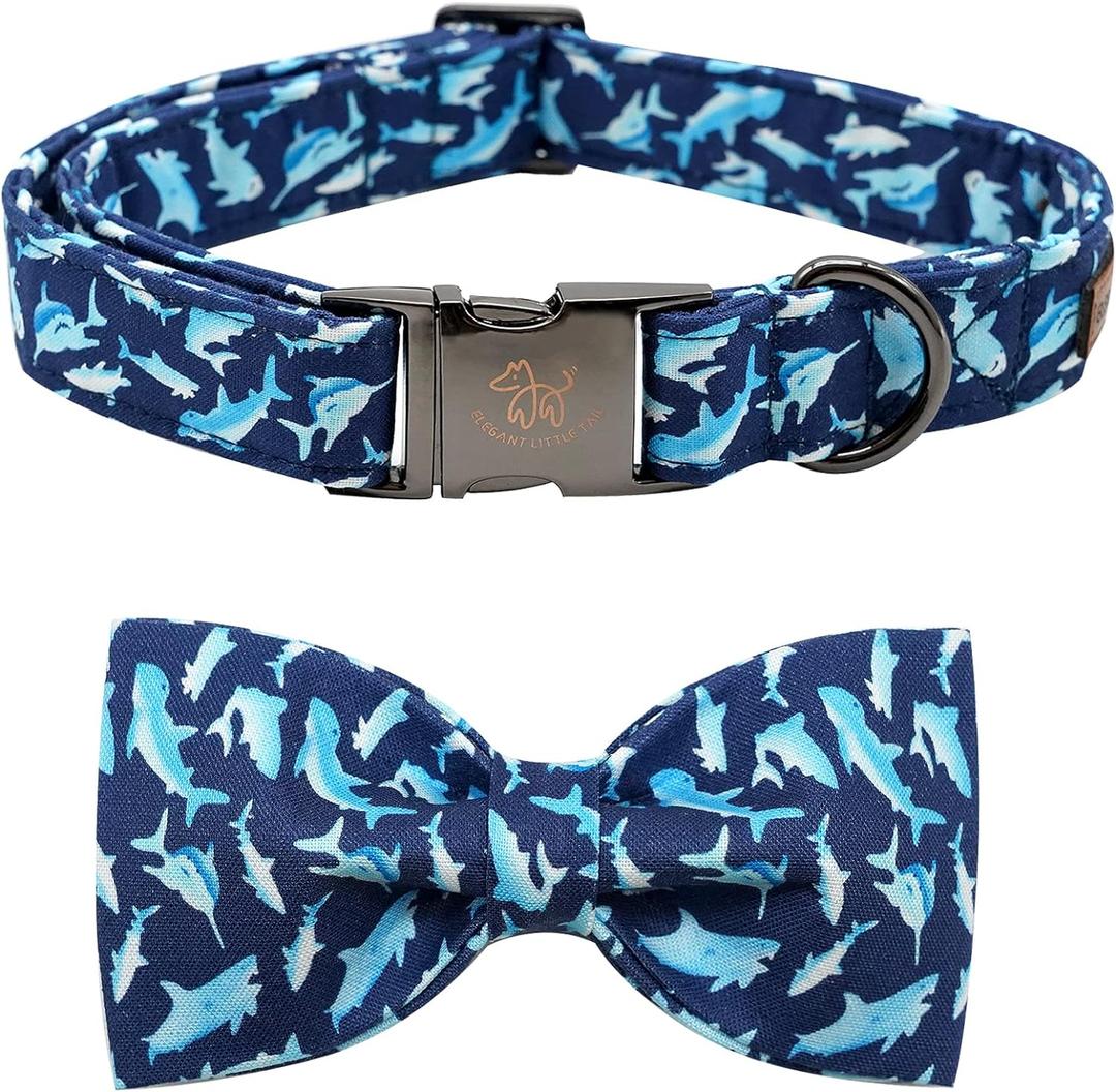 Elegant Little Tail Dog Collar with Bow, Shark Print Adjustable Cute Bowtie Collar for Medium Dogs, Shark, Medium