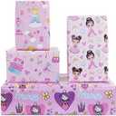 Princess Dressed in Pretty outfits On Pink Gift Wrapping Paper Flat Sheets (4-Sheets, 4-Designs: 15 sq. ft. ttl)-For Girls Baby Shower, Birthday, Christmas Holiday Gift Wrap, Princess Party Supplies and More, Set of 5