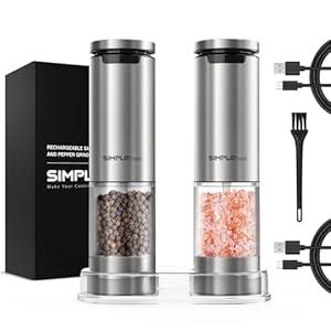 SIMPLETASTE Electric Salt and Pepper Grinder Set Rechargeable with LED Light, Stainless Steel, 70g Capacity for Kitchen, Dining Room, Bar