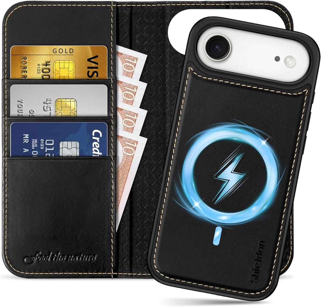 SHIELDON Removable Wallet Case for iPhone Air 6.5" 2025 | Genuine Leather, Folio Magnetic Cover, Wireless Charging, RFID Blocking Card Holder, Kickstand, Shockproof Phone Shell - Retro Black