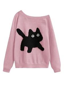 GORGLITTER Women's Off The Shoulder Sweater Cat Print Graphic Long Sleeve Fall Trendy 2025 Pullover Top Pink Large