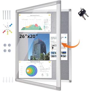 Enclosed Bulletin Board Outdoor 26"x20", Aluminium Frame Weatherproof Bulletin Board with Locking Door, Tamper-Proof Display Case Lockable Felt Pinboard for Home, School, Office, Store