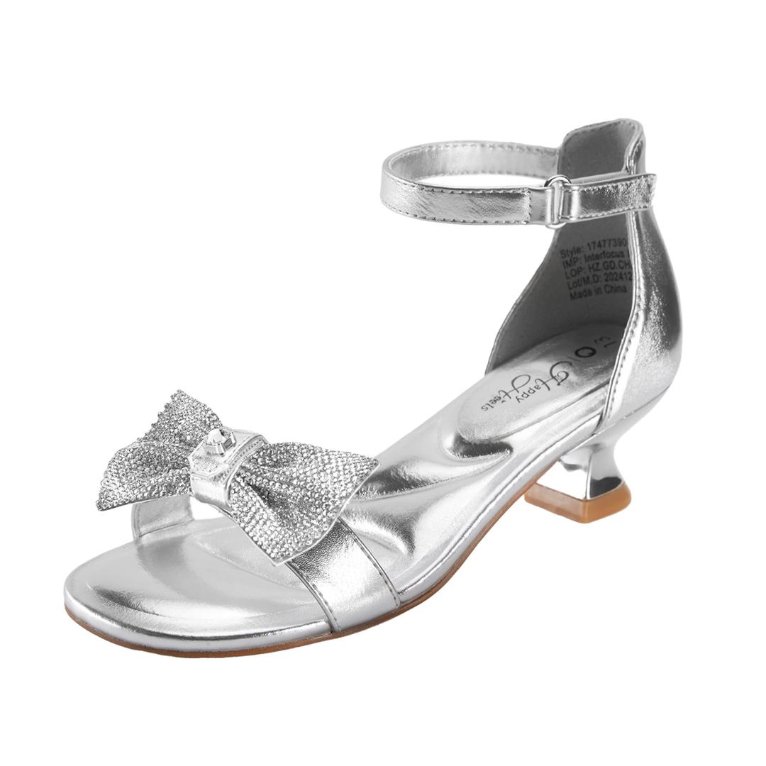 PATPAT Girls Kitten Heels Dress Sandals Happy Heels for Girls Open Toe Ankle Strap Pumps Removable Bow Rhinestone Flower Wedding Church Party Shoes for Little Big Kid (Silver)
