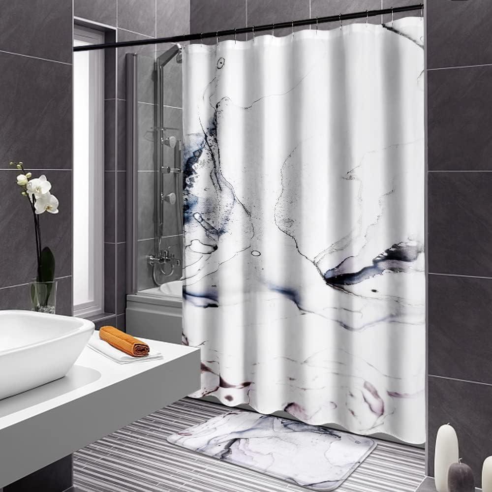 KMSON Marble Bathroom Shower Curtain Set with Rugs and Hooks Ink White Turquoise 3D Crack Design Modern Abstract Waterproof Fabric Decorative Bath Shower Curtain 72 x 72 Inch