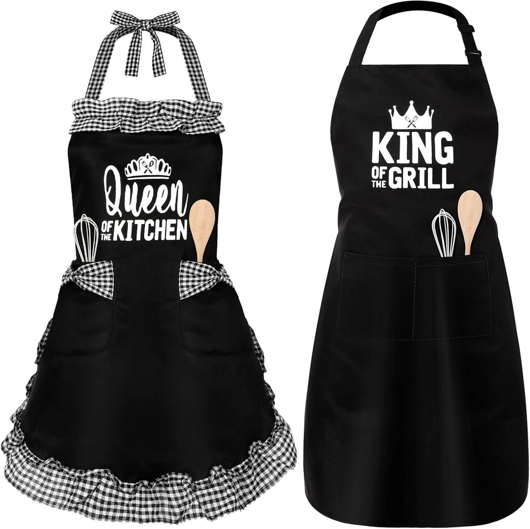 King & Queen Aprons Gift for Couple His and Her Anniversary Bridal Shower Wedding Engagement Kitchen Gift (Black)