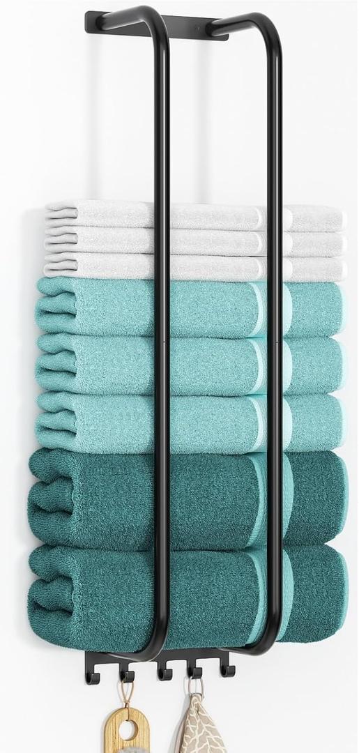 Towel Rack Bathroom Wall Holder: 27.9 Inch Wall Mounted Shower Organizer, for Rolled Towel Storage, 2 Metal Racks Plus Extra 5 Hooks, for Modern Small Space Bathroom RV Campers (Matte Black)