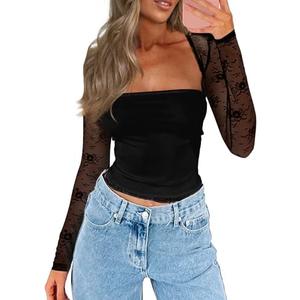 CSDAJIO Women's Going Out Tops Lace Long Sleeve Square Neck Crop Top Shirt Strapless Tube Top and Bolero Set M