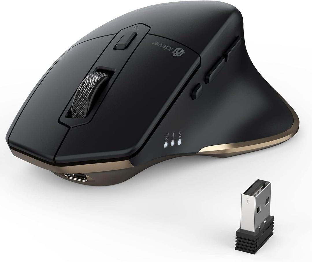 iClever Wireless Mouse with Bluetooth or USB Receiver, 5 Adjustable 2400DPI Rechargeable Computer Mice, Wireless Mouse for Laptop, iPad, MacBook, Tablet, PC (Black-Gold)