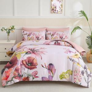 Yogeneg King Size Comforter Set 7 Piece Bed in a Bag, Elegant Floral Botanical Pattern Pink Bedding Set, Soft Microfiber Comforter with Sheet Set,All Season Bed Set (Blush Floral, King)