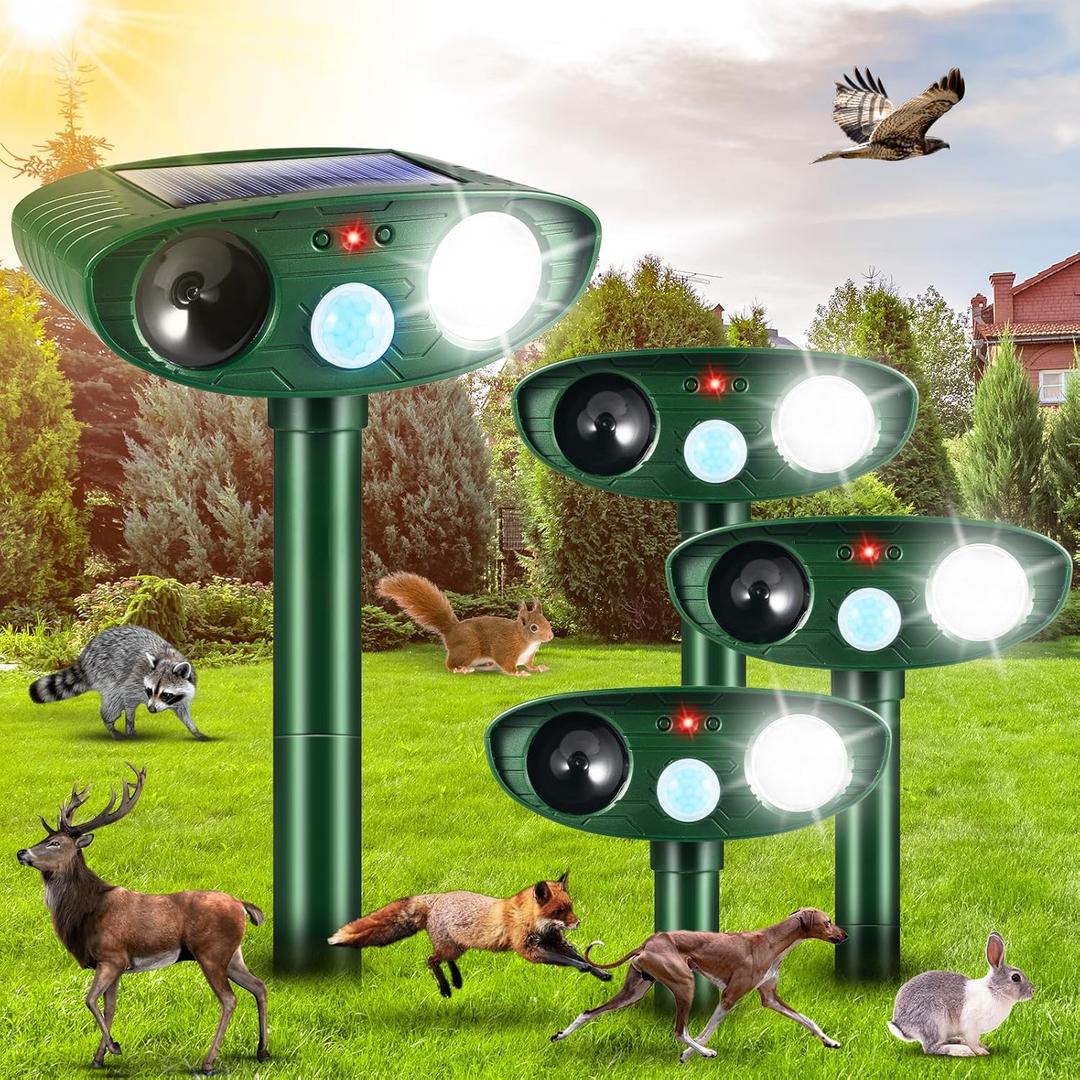 4 Pack Solar Ultrasonic Animal Repeller Outdoor Sonic Fortress Pro Deer Repellent Animal Repellent with Motion Detection Flash Light for Cat Racoon Squirrel Dog Rodent Rabbit Deterrent for Garden Yard