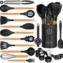 Silicone Cooking Utensils Set - AVGPD Silicone Kitchen Utensils for Cooking Wooden Handles, 446°F Heat Resistant Kitchen Utensil Spatula Sets, Gadgets for Non-Stick Cookware BPA FREE (Black)
