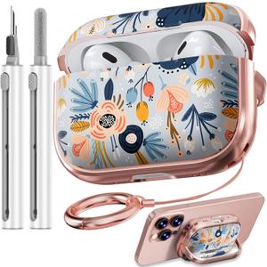 Inesore for AirPods Pro 2nd Generation Case Cover with Lock, Flowers Cute Air Pods Pro 2 Case Hard iPod Pro Cases for Women Girls with Cleaner Kit (2023 USB-C /2022/2019), Blue Flower