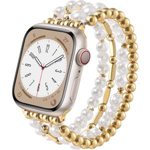 VISOOM Beaded Boho Bracelet Compatible For Apple Watch Bands 38/ 40/ 41/ 42mm Women - Stainless Steel Beaded Iwatch Bands For Gold Apple Watch Series 11/ 10/ Se/ 9/ 8/ 7/ 6/ 5/ 4/ 3/ 2/ 1 Pearl Bracelet Band Cute