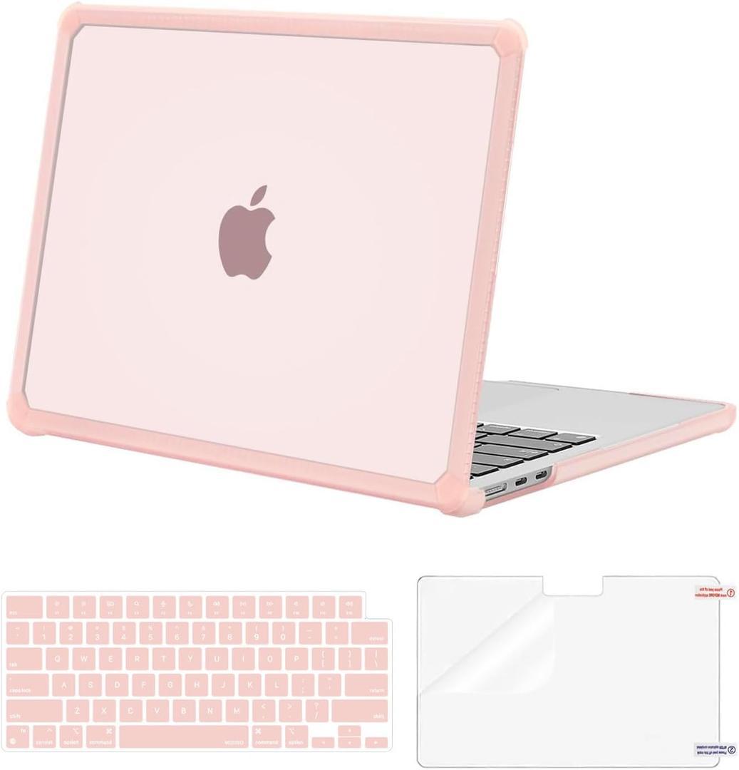 MOSISO Compatible with MacBook Air 13 inch Case M5 2026 M4 2025 M3 M2 2024-2022 A3449 A3240 A3113 A2681,3 in 1 Kit Crack-Resistant Heavy Duty Protective Plastic Hard Case with TPU Bumper, Pink