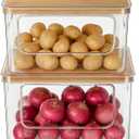 Hudgan Pantry Organizers and Storage with Straight Side, 2 Set Stackable Bin with Open Front for Onion,Potato,Garlic,Fruit, Clear Storage Bin with Bamboo Lid for Kitchen Cabinet, Countertop, Bathroom