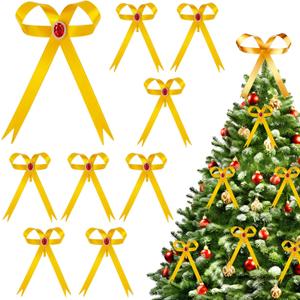 12 Pcs Gold Metal Bow Ornaments with Red Gem  3.4x5.6 Clip-On Christmas Tree Bows, Elegant Gold Bow Decorations for Wreaths, Garlands, Weddings, Parties & Home Decor