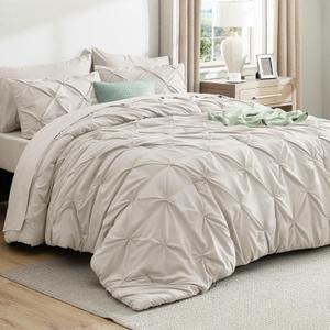 Bedsure Queen Comforter Set Linen - Bed in a Bag Queen Size Bedding 7 Pieces, GentleSoft Pintuck Bed Set Gift for Family, Pinch Pleat All Season Comforter with Sheets, Pillowcases & Shams