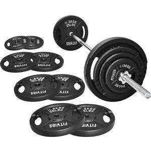 Fitvids Barbell Weight Set, Cast Iron 1" Standard Weight Plates Including 5FT Standard Barbell Bar & Star Locks, 95 Pounds Set (85 Lbs Plates + 10 Lbs Barbell Bar), Multiple Packages