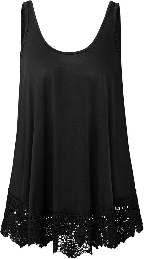 Plus Size Tank Tops for Women, Flowy Lace Trim Camisole, Loose Fit Layering Tunic Tops to Hide Tummy (Black)