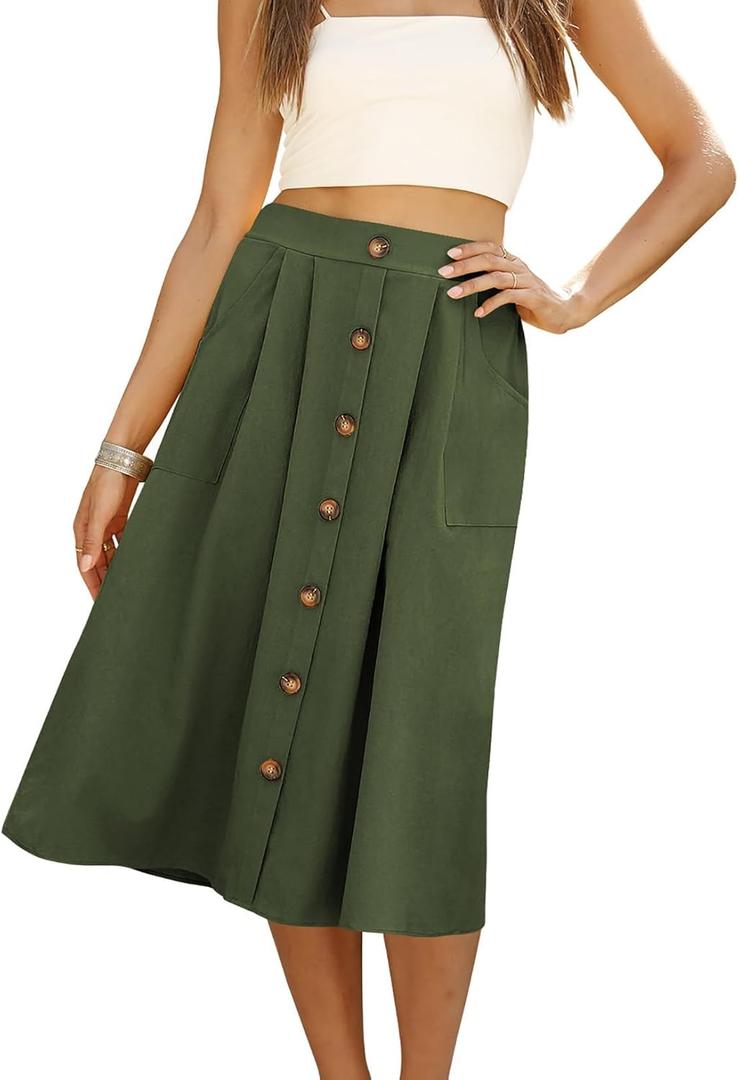 Naggoo Womens Summer Skirts Casual Front Button A-Line High Waisted Midi Skirt with Pockets, M