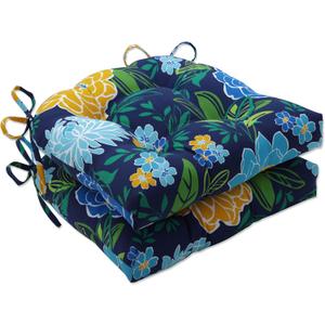 Pillow Perfect Floral Indoor/Outdoor Chairpad with Ties, Reversible, Tufted, Weather, and Fade Resistant, 15.5" x 16", Blue/Yellow Spring Bling, 2 Count