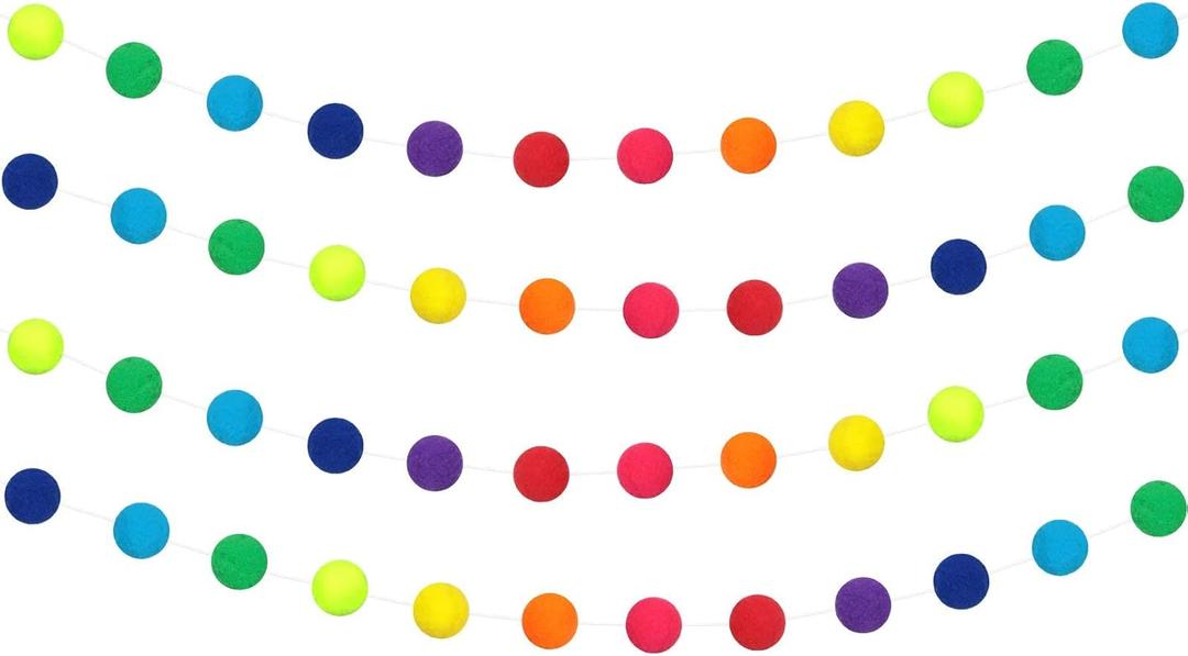 WILLBOND 4 Pack 39.4 ft Colorful Pom Pom Garlands Decorations with 128 Pcs Rainbow Felt Balls Hanging Garlands for Birthday Party Tree Ornaments Home Wall Supplies (Vivid Colors)