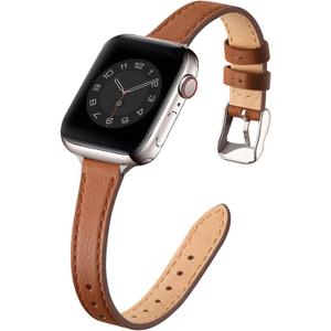 STIROLL Slim Leather Bands Compatible with Apple Watch Band 38mm 40mm 41mm 42mm(Series 11 10), Top Grain Leather Watch Thin Wristband for iWatch SE 9 8 7 6 5 4 3 2 1 (Brown Starlight Silver)