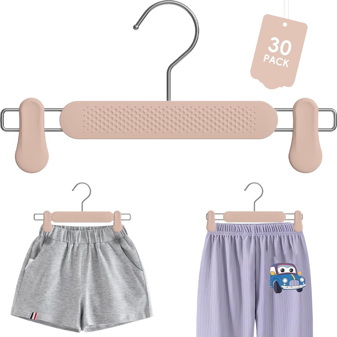 Frosted Embossing Skirt Pants Hangers with Clips for Women 30 Pack, Adjustable Heavy Duty Kids, Toddler, Children, Baby Shorts Hanger, Space Saving Non-Slip with 360 Swivel Hook (Apricot)