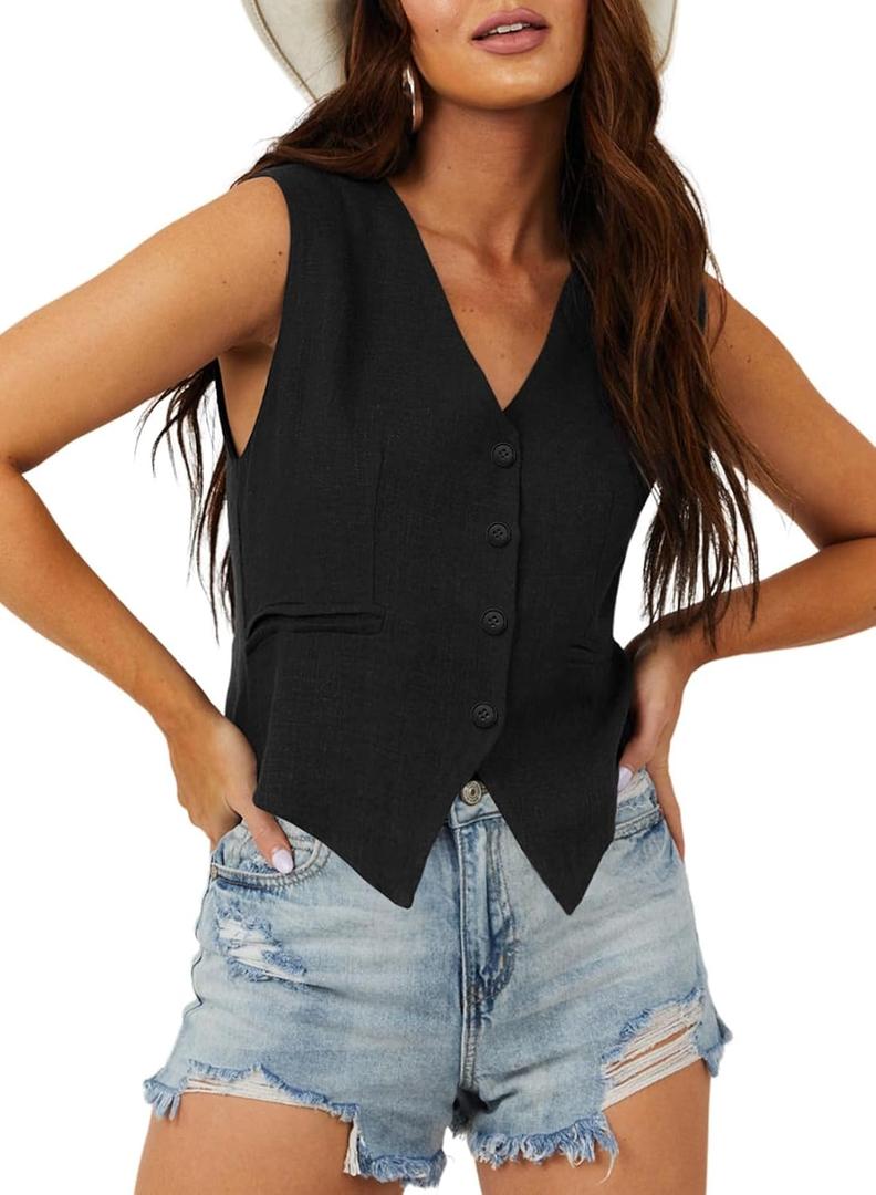 Dokotoo Womens Vest Dressy Casual V-Neck Button-Down Lined Suit Jacket Waistcoat Versatile Vests (Large, Black)