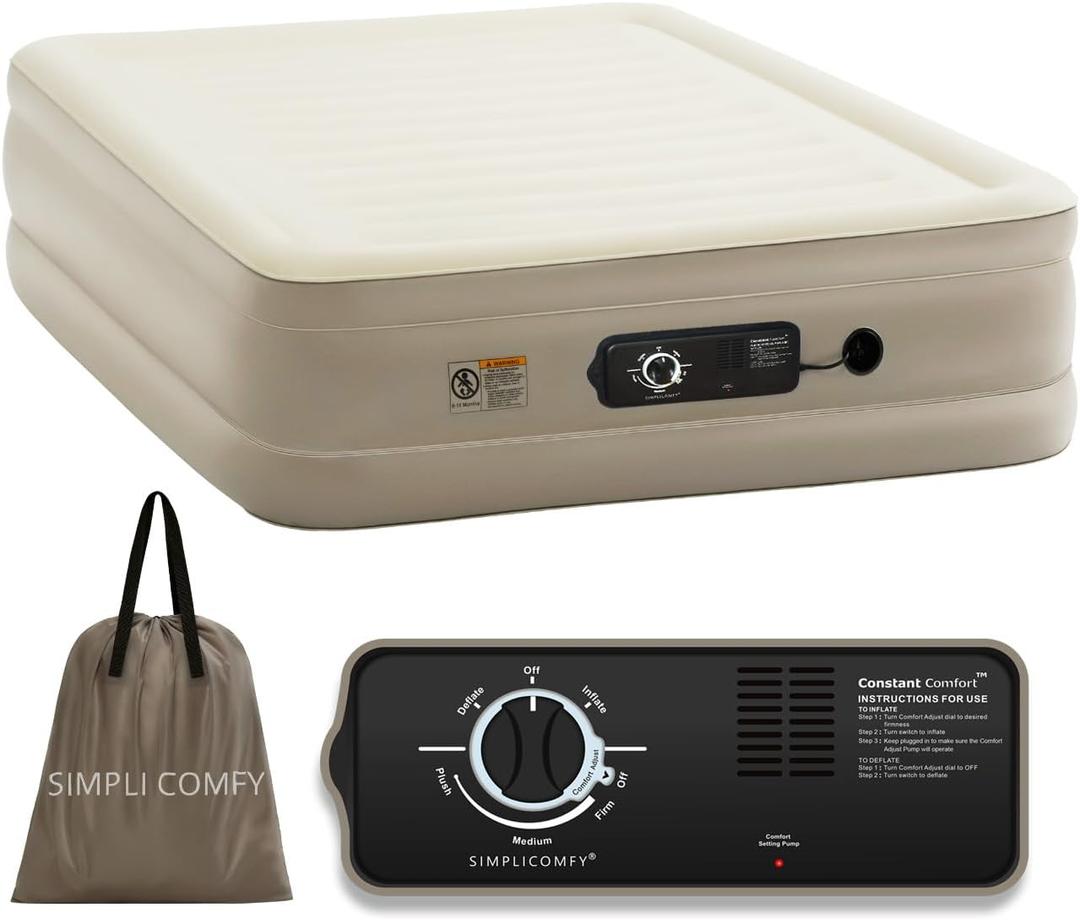 Simpli Comfy 18 Queen Inflatable Air Mattress with Built-in Dual Pump, Adjustable Firmness, Foldable Blow-Up Mattress with Storage Bag, Self-Inflating Air Mattress for Home, Guest, Travel, Camping