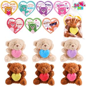 JOYIN 24 Pcs Valentine's Day Bear Holding Hearts Plush Toys with Cards, Stuffed Bears with Heart Shaped Cards, Valentines Day Gifts for Kids Boy Girl Classroom Prize Goodie Bag Stuffers Party Favor