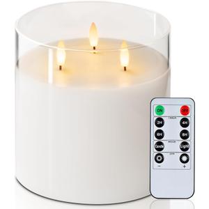 Homemory 6X6'' Extra Large Flameless Candle with 3 Wicks, Glass LED Pillar Candle, Real Wax Battery Operated Candle with Remote Control and Timer, Pure White