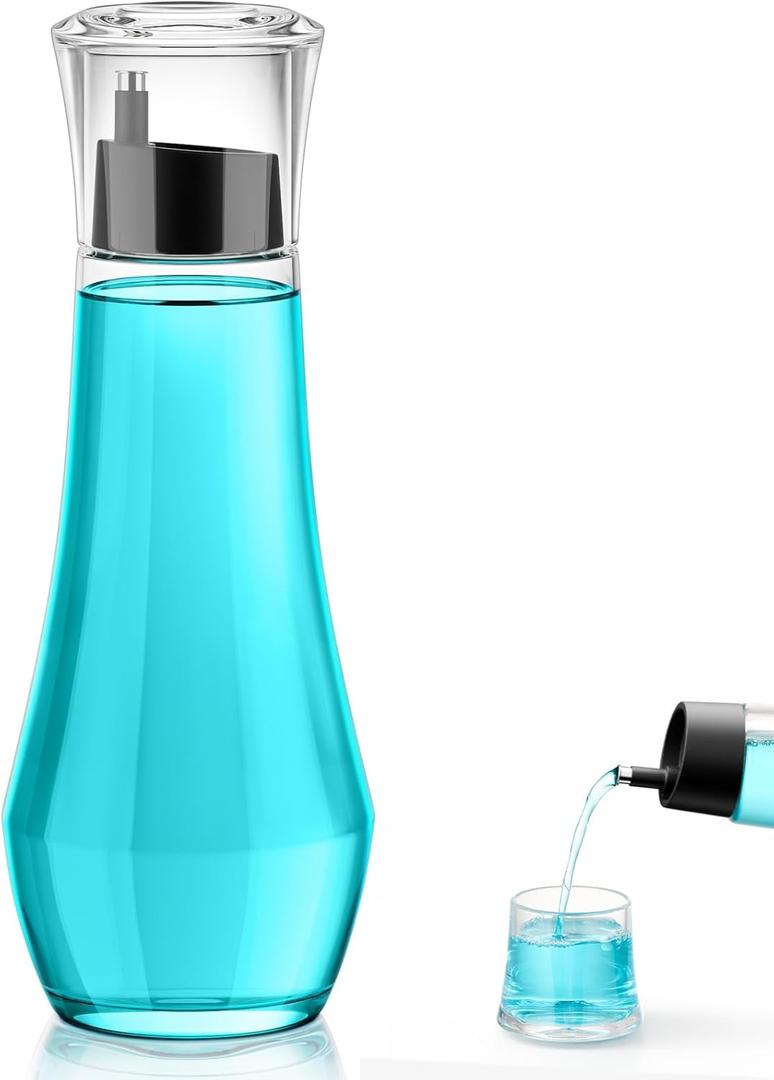 VITVITI Glass Mouthwash Dispenser for Bathroom, 8.8OZ Mouth Wash Container Bottle with Lid Cup, Small Clear Refillable Mouthwash Dispenser Decanter for Countertop, Black