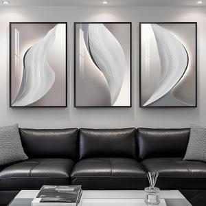 Large Framed Modern Wall Art for Living Room, 3 Piece Minimalist Abstract White and Grey Prints Wall Decor, Bright Style Artwork Paintings Pictures for Hallway Dining Office 24x36 Inch, 36" H x 24" W x 3Pcs