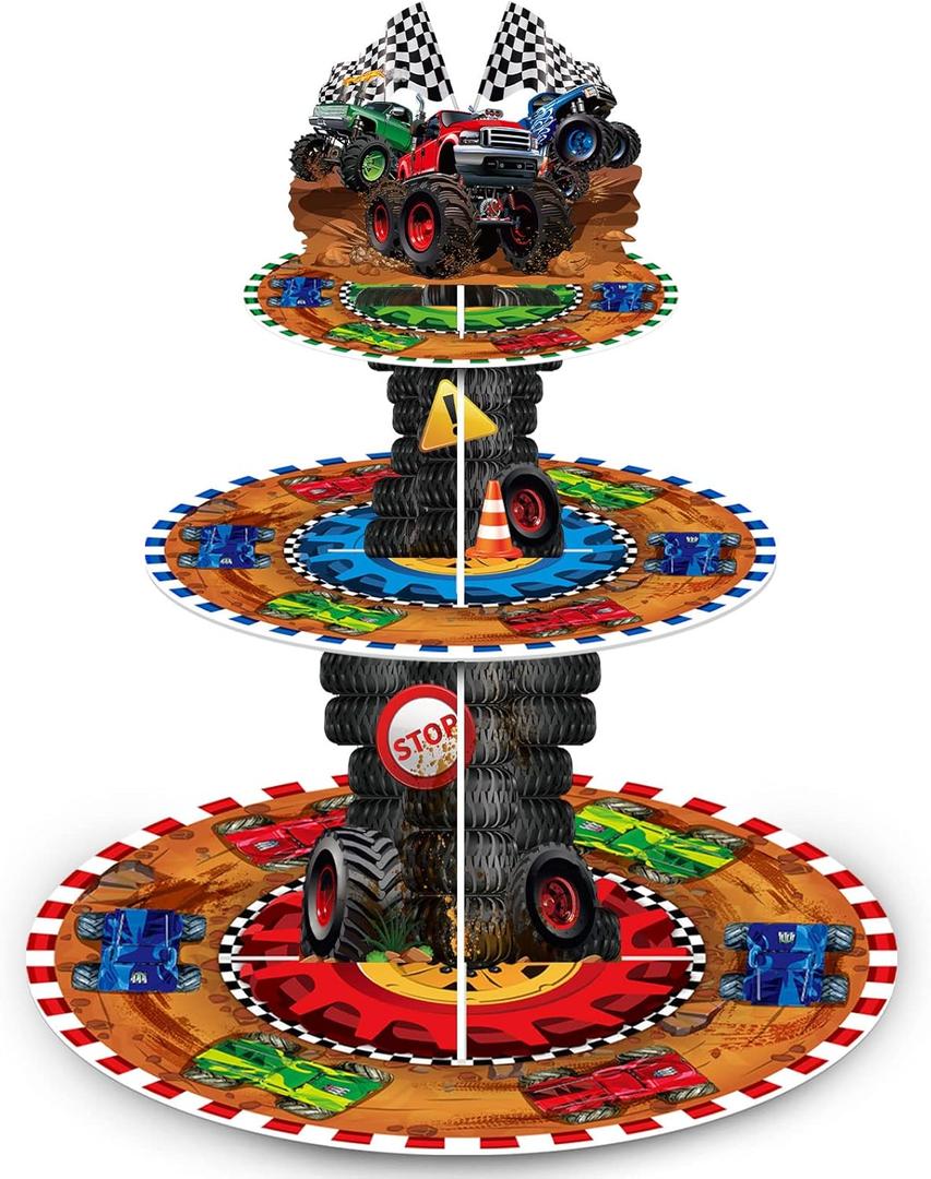 Sunnyray 3 Tier Truck Party Decorations Cupcake Stand Race Car Cupcake Tower Favors Racing Truck Party Dessert Holder Car Theme Dessert Stand for Kids Boys Race Car Birthday Supplies