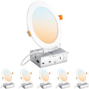 DLLT LED Recessed Ceiling Light: 6 Pack 6 Inch Slim Recessed Lighting for Kitchen - 5CCT Dimmable Canless Wafer Downlight for Living Room - 1200LM Brightness 12W Can Lights for Bedroom ETL FCC
