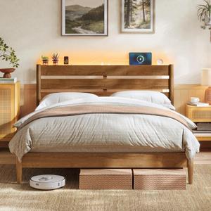 SONGMICS Home Queen Bed Frame with Headboard, LED Lights & Charging Station, Solid Wood Legs and Slats, Mid-Century Modern Platform Bed, No Box Spring Needed, Caramel Brown URMB411K01V1
