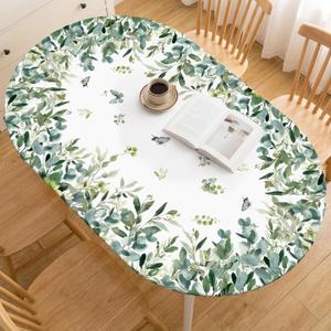 Horaldaily Spring Fitted Tablecloth 68 x 48 Inch Oval, Spring Watercolor Eucalyptus Butterfly Green Washable Table Cover Elastic Edged for Dinning, Picnic, Camping, Banquet