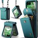 Crossbody Case Compatible with Moto Razr+ Plus 2024/2025,Retro PU Leather Strap Wristlet Flip Case with Magnetic Closure and Card Holder for Men Women Blue Green