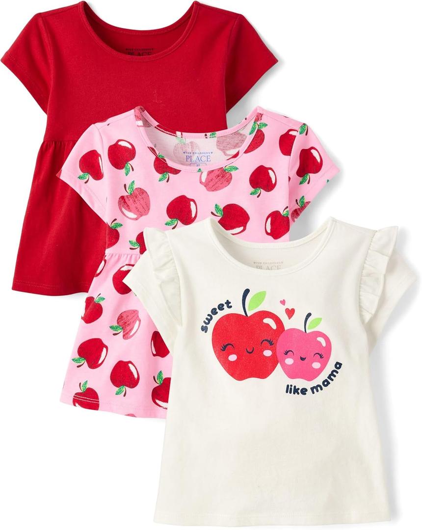 The Children's Place Baby-Girls and Toddler Short Sleeve Everyday Casual Knit Shirt (2T, Apple 3-pack)