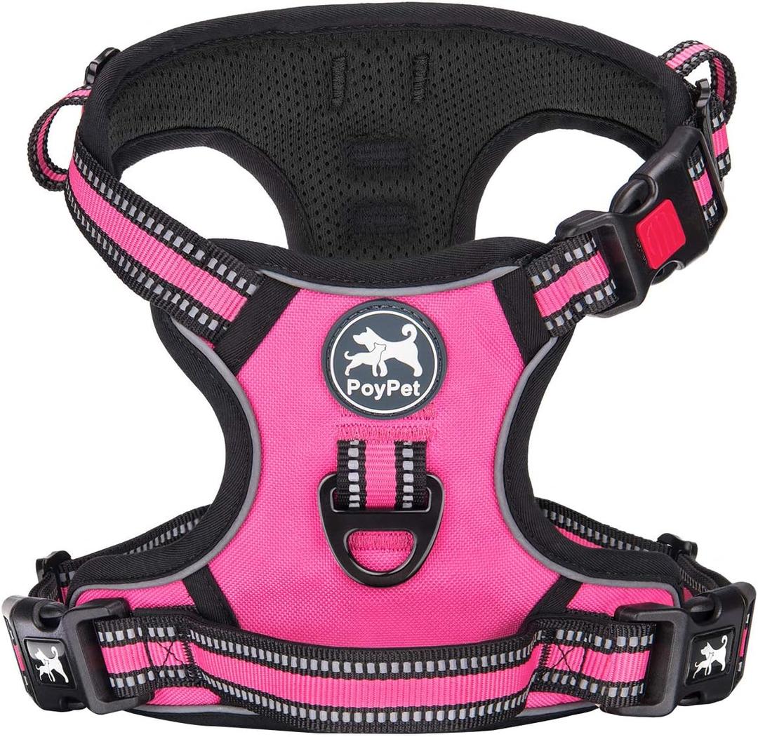 PoyPet No Pull Dog Harness, [Release on Neck] Reflective Adjustable No Choke Pet Vest with Front & Back 2 Leash Attachments, Soft Control Training Handle for Small Medium Large Dogs(Pink,M)