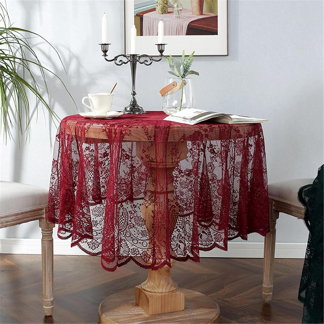 Red Lace Tablecloth Embroidered Elegant Floral Patterns Table Cloth Round Overlay Table Cover for Wedding Party Holiday Long Dinner Home Decor(Round-75, Red)