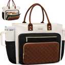 LOVEVOOK Teacher Tote Bag for Women Work, Laptop Bag With Large Cup Holder, Nurse Bags Professional Briefcase Business Computer Purses Handbag, Black-Beige-Brown, 15.6 Inch