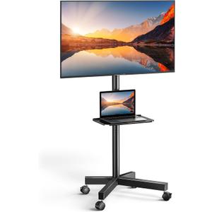 PERLESMITH Rolling TV Stand on Wheels for 23-60 Inch Flat Curved Screen TVs, Mobile TV Cart Height - Adjustable with Shelf/Tray, Portable TV Stand Holds up to 55 lbs, Max VESA 400x400mm, PSTVMC04 (Deeep Black)
