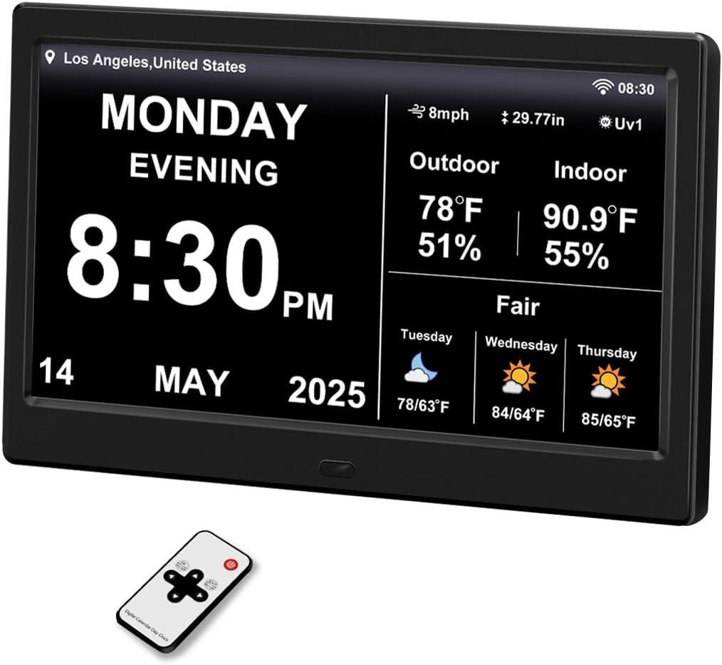 Digtial Calendar Clock with Day and Date Alarm Clock with Weather Temperature Humidify Dementia Alzheimers Elderly Auto Dimmable 8 Alarm Options (New 10.1 inch Black)