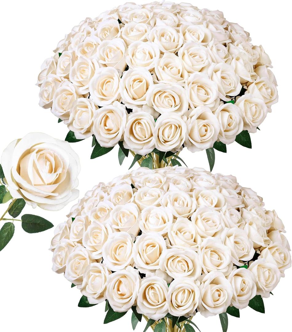 50 PCS Champagne Roses Artificial Flowers, Fake Roses with Stem Realistic Silk Rose for DIY Wedding Bouquets Table Centerpieces Arrangements Baby Shower Birthday Home Decor Valentines Day Gift for Her