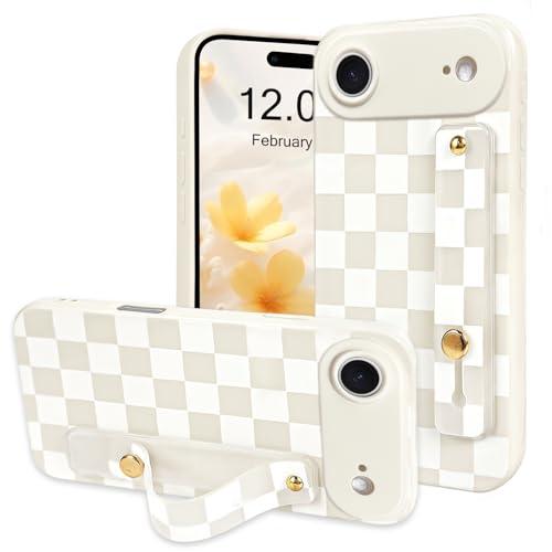 NITITOP Compatible for iPhone 17 Air Case with Wrist Strap Kickstand Cute Trendy Checkerboard Plaid for Women Girls Slim Fit TPU Shockproof Full Camera Protective Cover - White