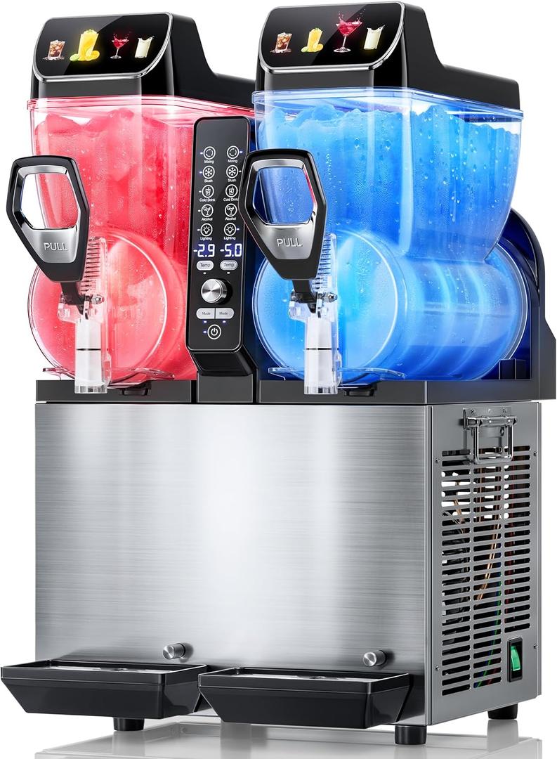 30L Commercial Slushie Machine, 2-Tank Frozen Drink Maker for Margarita | Slushie Machine Wine Frappe, 8 Gal LED Stand-up Slush Dispenser Bar Restaurant Party 1000W Fast Cool Auto Clean ETL Listed